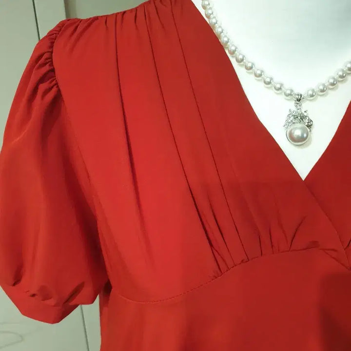 [BUNJANG] Red Puff Sleeve Long Dress / 레드 퍼프 반팔 원피스