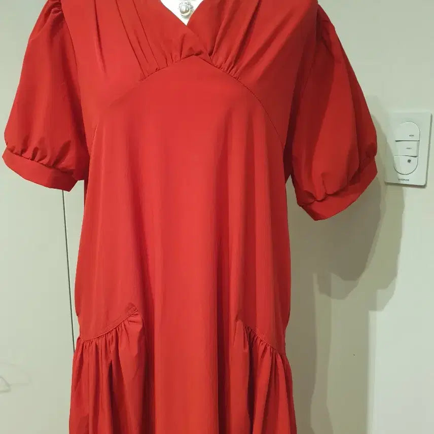 [BUNJANG] Red Puff Sleeve Long Dress / 레드 퍼프 반팔 원피스