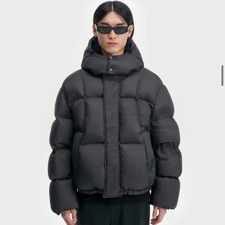 [BUNJANG] Bellelie Hooded Goose Down Puffer Jacket Cross Line Ripstop Black / 벨리에 패딩 크로스 라인 후디드 구스 다운 - 립스탑 블랙