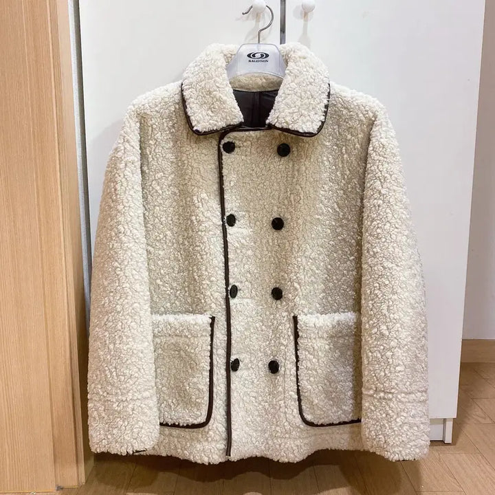 [BUNJANG] Reversible Double Button Faux Shearling Leather Jacket / 리버시블 뽀글이 더블 버튼 양털 레더 무스탕 자켓