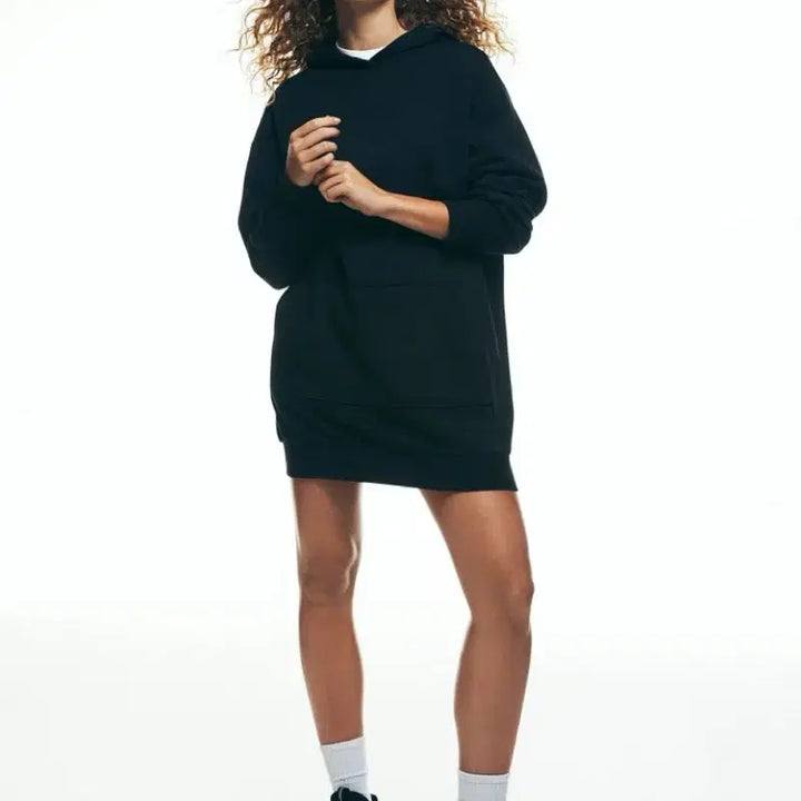 [BUNJANG] H&amp;M Oversized Fleece Hoodie Dress - Black / 새제품 오버사이즈 기모 후드 원피스 블랙 H&amp;M 해외 스트릿패션
