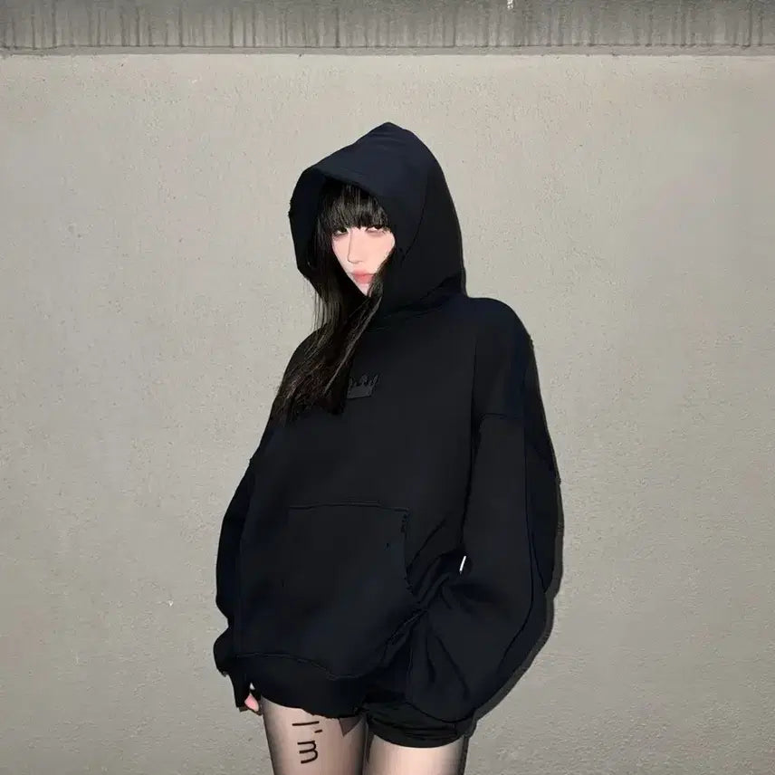 [BUNJANG] H&amp;M Oversized Fleece Hoodie Dress - Black / 새제품 오버사이즈 기모 후드 원피스 블랙 H&amp;M 해외 스트릿패션