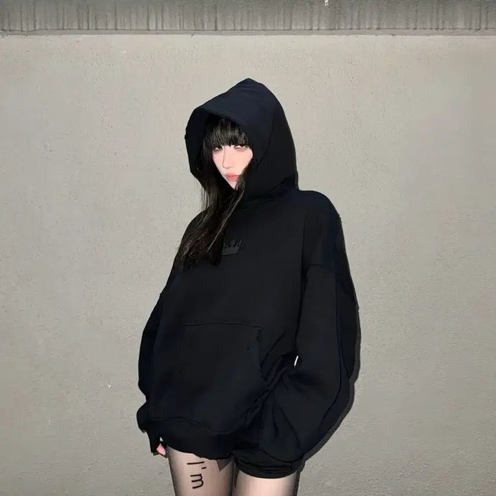 [BUNJANG] H&amp;M Oversized Fleece Hoodie Dress - Black / 새제품 오버사이즈 기모 후드 원피스 블랙 H&amp;M 해외 스트릿패션