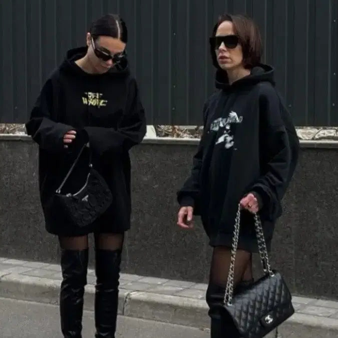 [BUNJANG] H&amp;M Oversized Fleece Hoodie Dress - Black / 새제품 오버사이즈 기모 후드 원피스 블랙 H&amp;M 해외 스트릿패션