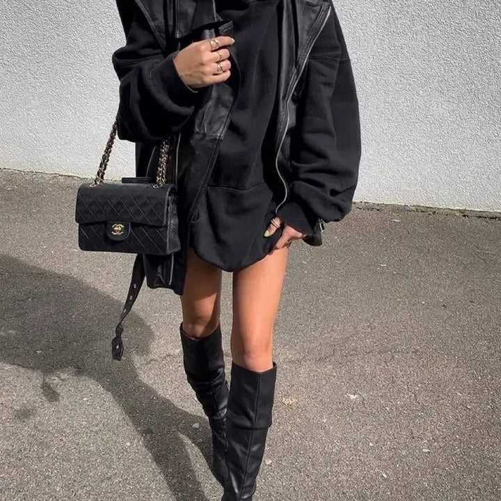 [BUNJANG] H&amp;M Oversized Fleece Hoodie Dress - Black / 새제품 오버사이즈 기모 후드 원피스 블랙 H&amp;M 해외 스트릿패션