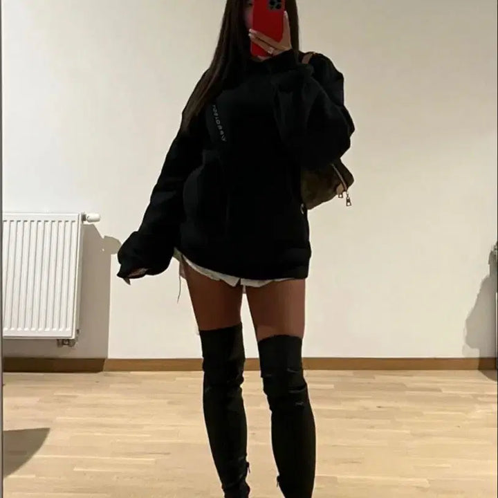 [BUNJANG] H&amp;M Oversized Fleece Hoodie Dress - Black / 새제품 오버사이즈 기모 후드 원피스 블랙 H&amp;M 해외 스트릿패션