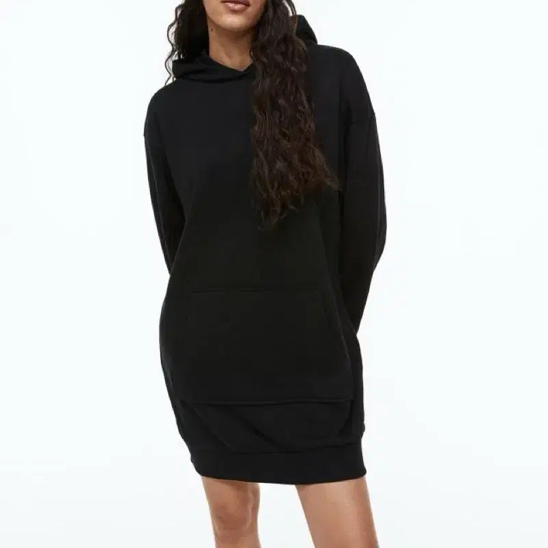 [BUNJANG] H&amp;M Oversized Fleece Hoodie Dress - Black / 새제품 오버사이즈 기모 후드 원피스 블랙 H&amp;M 해외 스트릿패션