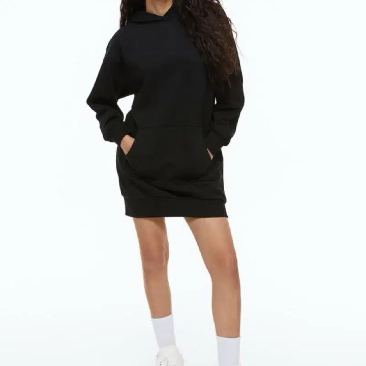 [BUNJANG] H&amp;M Oversized Fleece Hoodie Dress - Black / 새제품 오버사이즈 기모 후드 원피스 블랙 H&amp;M 해외 스트릿패션