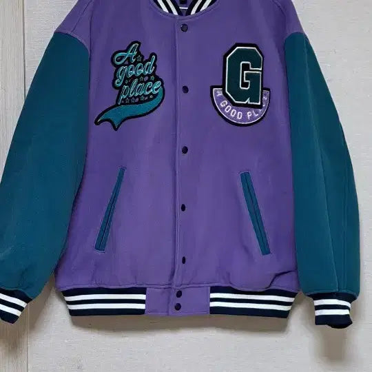 [BUNJANG] H&amp;M Color Block Baseball Jacket / H&amp;M 퍼플 그린 배색 야구 점퍼