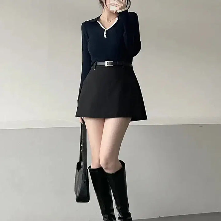 [BUNJANG] Belt Mini Skirt - Black, Gray S / 벨트 미니스커트 -블랙, 그레이S