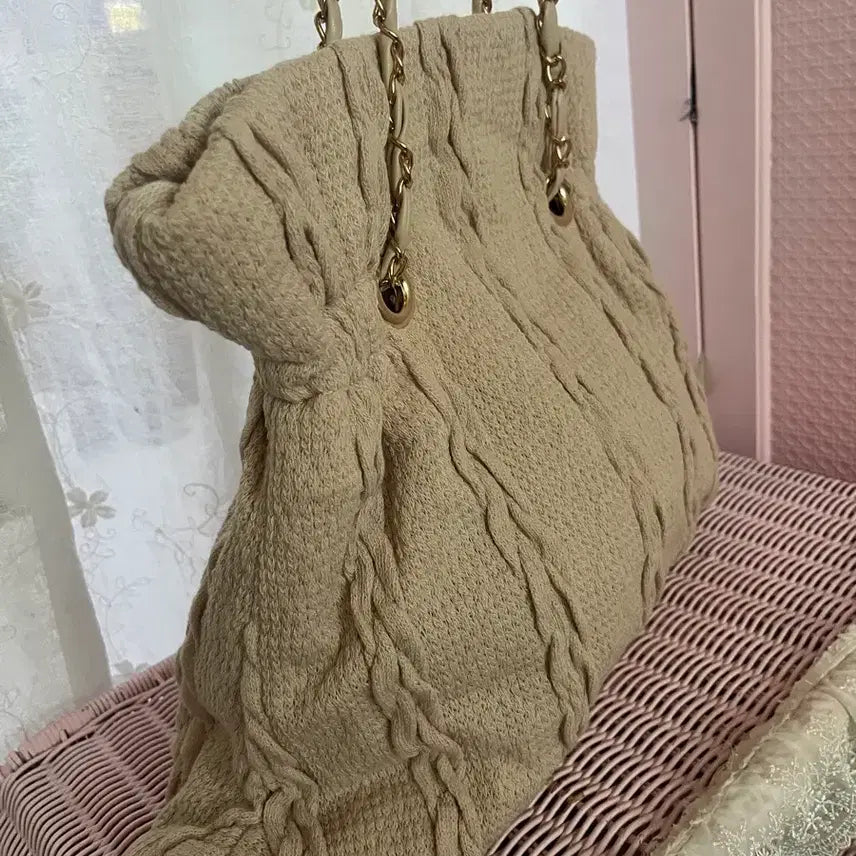 [BUNJANG] Knit Shirring Shoulder Bag with Chain / 니트 셔링 숄더백 체인백