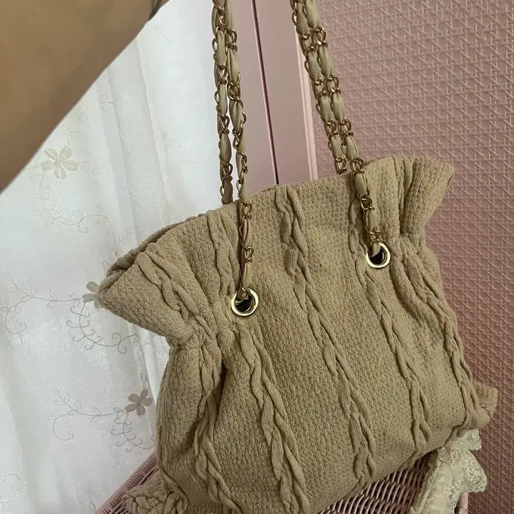 [BUNJANG] Knit Shirring Shoulder Bag with Chain / 니트 셔링 숄더백 체인백