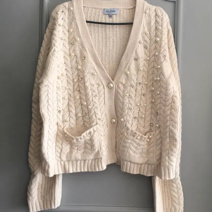 [BUNJANG] ST. JOHN Pearl Knit Cardigan (Size L) / ST.JOHN 센존 진주 꽈배기 니트 가디건 L사이즈