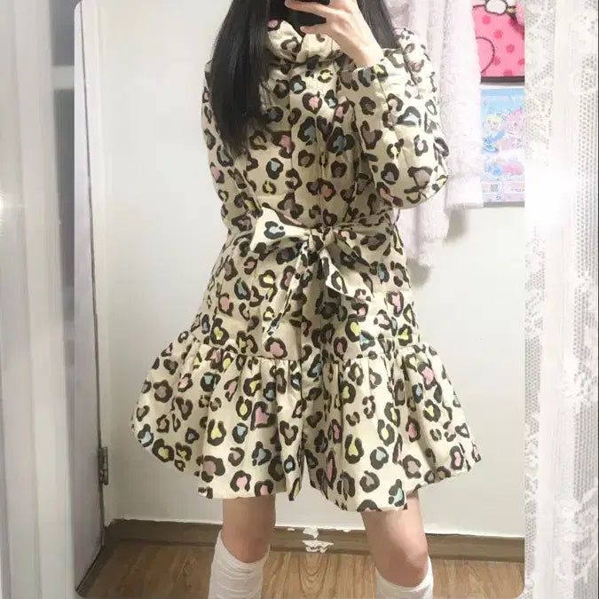 [BUNJANG] Vintage Leopard Print Padded Coat Dress / 빈티지 레오파드 패딩 코트 원피스 히메갸루 로걀 라떼 바나나 호피 핑크
