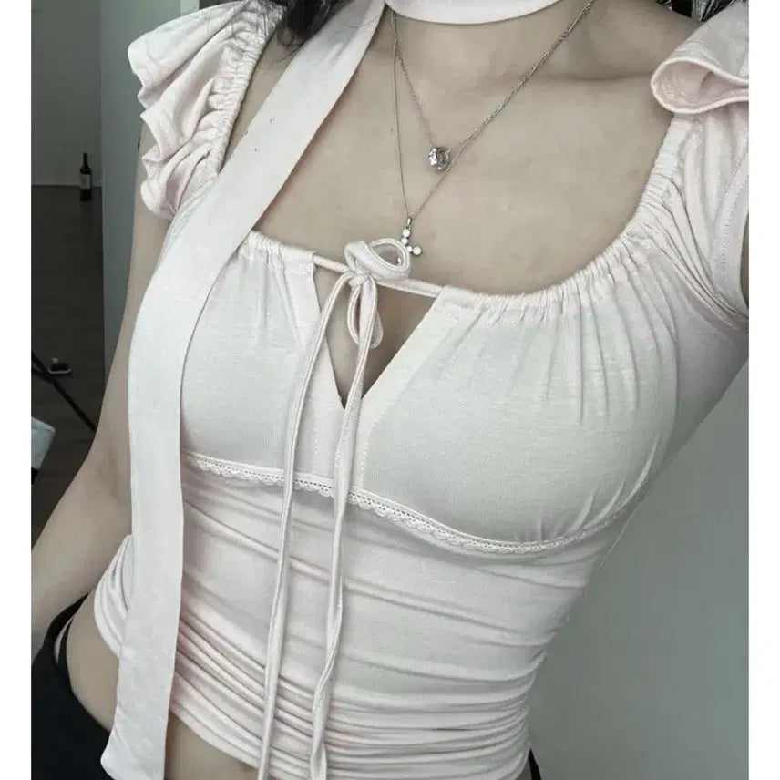 [SOLD OUT] 엔젤넘버555 엔넘파 레이스 타이 탑 스카프 세트 lace tie top