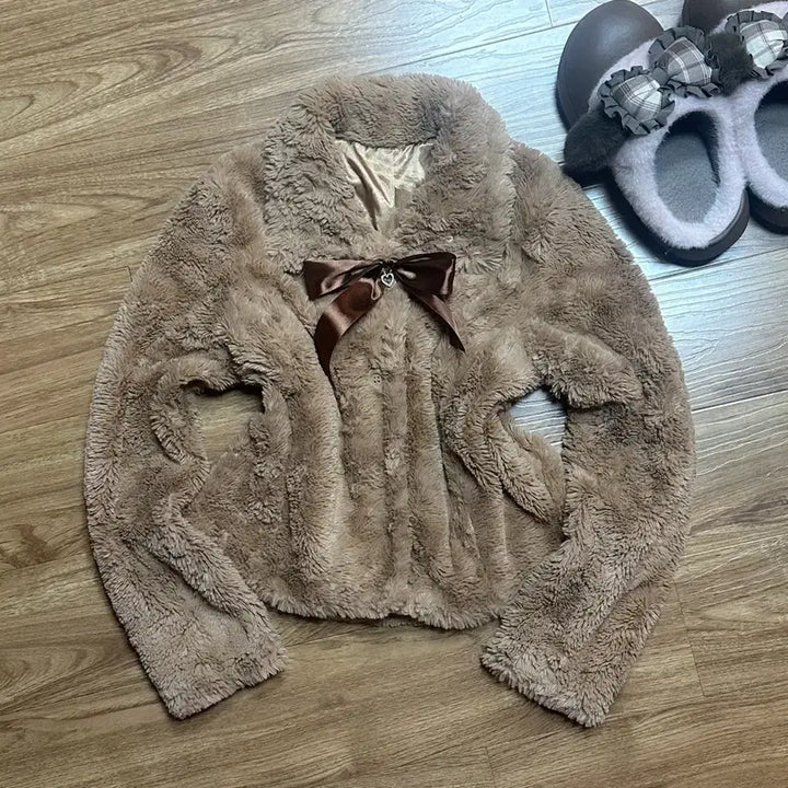 [BUNJANG] Vintage Brown Fur Ribbon Embellished Coat / 빈티지 브라운 라떼 퍼 리본 보석 코트 히메갸루 로걀 리즈리사깔 모리걸