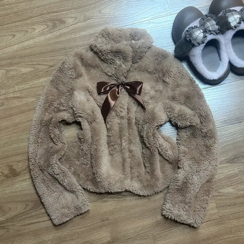 [BUNJANG] Vintage Brown Fur Ribbon Embellished Coat / 빈티지 브라운 라떼 퍼 리본 보석 코트 히메갸루 로걀 리즈리사깔 모리걸