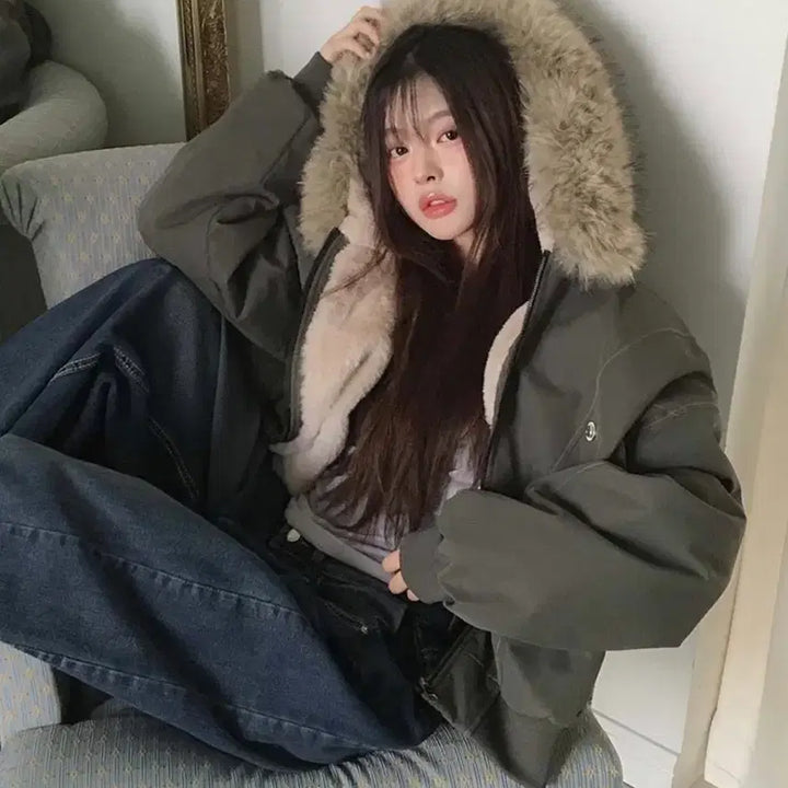 [BUNJANG] Fleece Lined Detachable Hooded Jumper / 양털 기모 / 털 탈부착o 퍼 안감 후드 점퍼 카키색