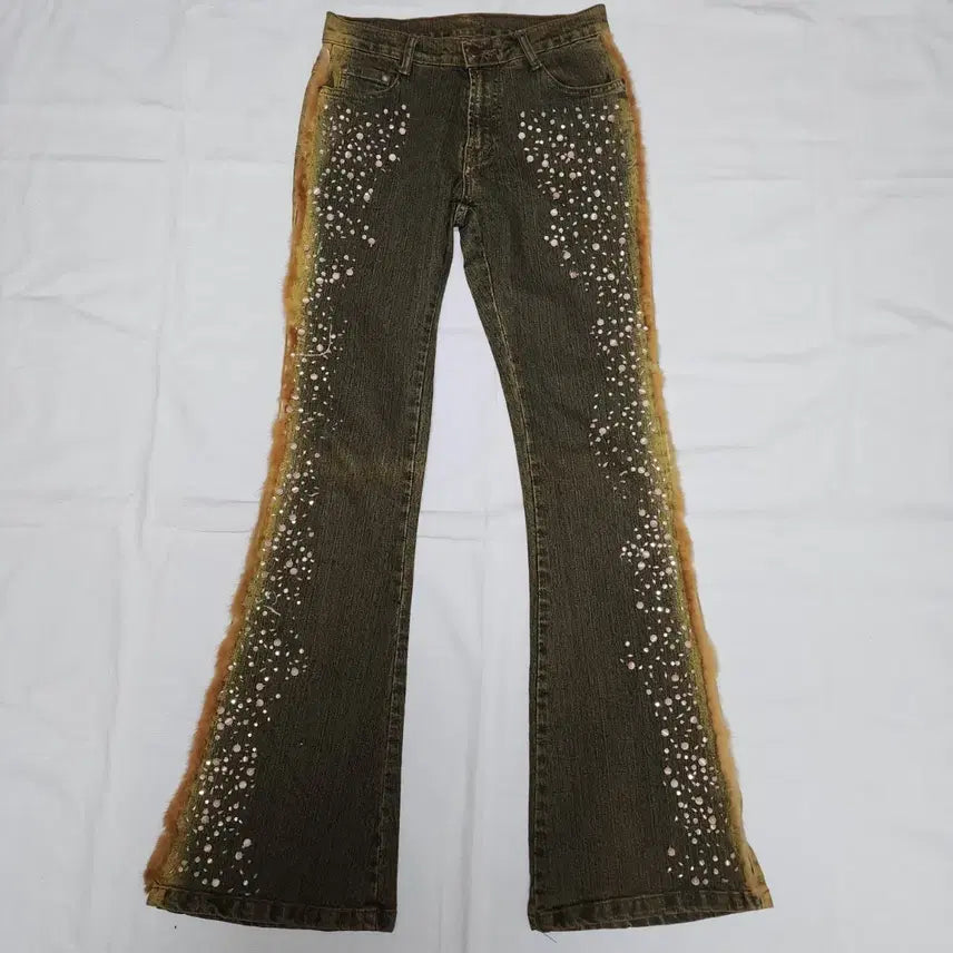 [BUNJANG] Bohemian Vintage Western Stone Embellished Bootcut Jeans / 보헤미안 빈티지 웨스턴 퍼 스톤 부츠컷 팬츠