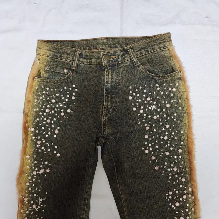 [BUNJANG] Bohemian Vintage Western Stone Embellished Bootcut Jeans / 보헤미안 빈티지 웨스턴 퍼 스톤 부츠컷 팬츠