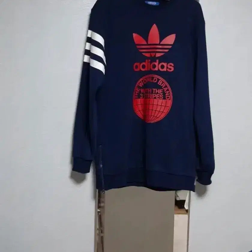 [BUNJANG] Adidas Navy Long Sleeve Fleece Sweatshirt Dress / 아디다스 삼선 네이비 맨투맨 롱 티셔츠 기모 라운드 맨투맨원피스