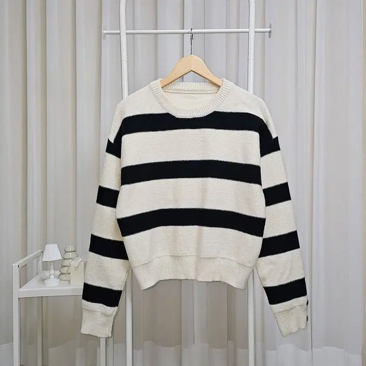 [BUNJANG] Color Block Stripe Knit Top / 거꾸로 배색원단 소매단추 단가라 니트 티셔츠_아이보리