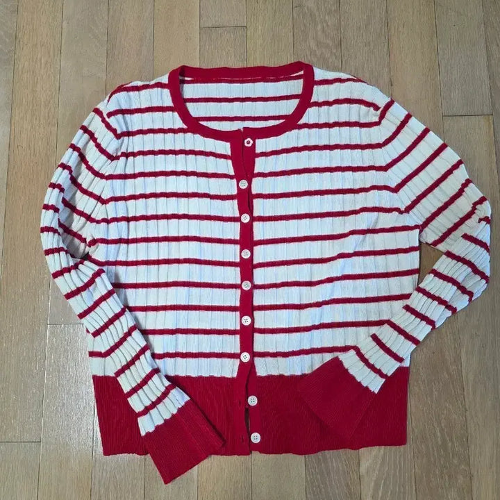 [BUNJANG] Melody Garden Stripe Knit Cardigan Red / 멜로디가든 스트라이프 니트 가디건 레드 프리사이즈