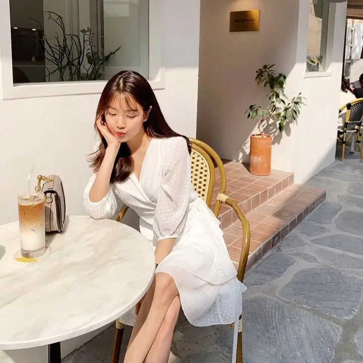 [BUNJANG] Lugh A17H White Dot Wrap Dress / (새상품) 루흐 a17h 화이트 도트 랩 원피스 free