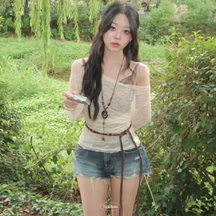 [BUNJANG] Off-Shoulder Lace Top Set / 시스루 오프숄더 나시 세트 레이스 긴팔 모리걸 보헤미안 빈티지