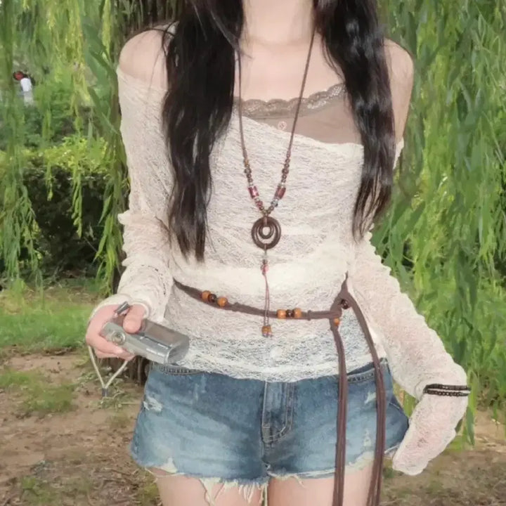 [BUNJANG] Off-Shoulder Lace Top Set / 시스루 오프숄더 나시 세트 레이스 긴팔 모리걸 보헤미안 빈티지