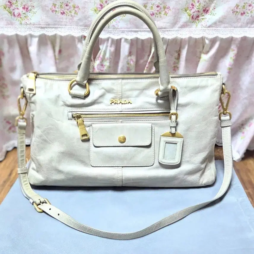 [BUNJANG] Prada Vitello Tote/Shoulder Bag / 정품 프라다 비텔로 토트백/숄더백 베이지/연그린+그레이