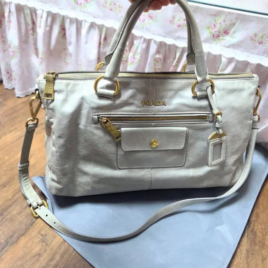 [BUNJANG] Prada Vitello Tote/Shoulder Bag / 정품 프라다 비텔로 토트백/숄더백 베이지/연그린+그레이