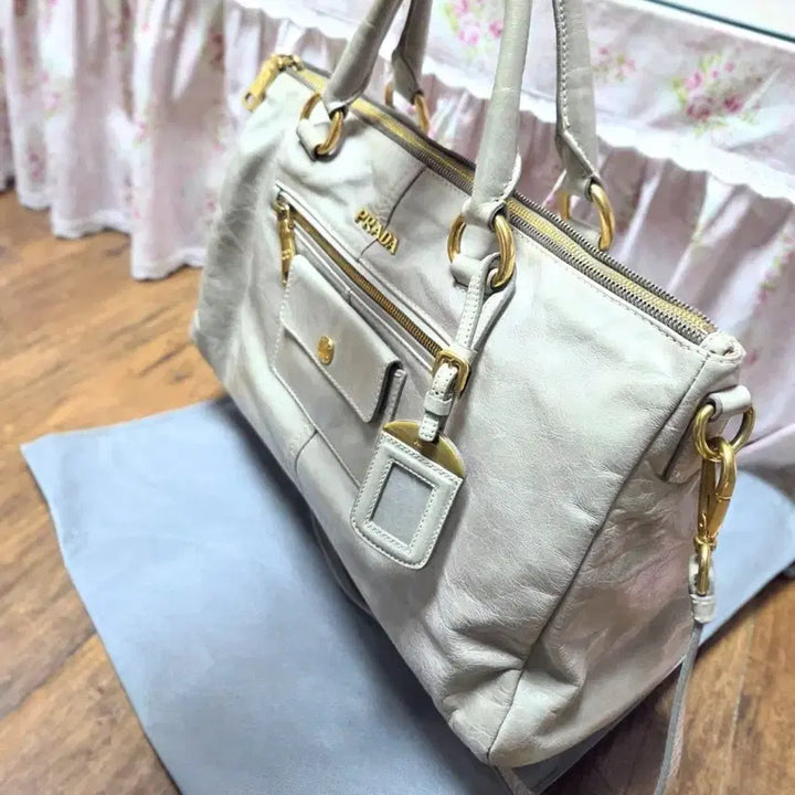 [BUNJANG] Prada Vitello Tote/Shoulder Bag / 정품 프라다 비텔로 토트백/숄더백 베이지/연그린+그레이
