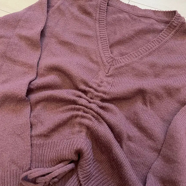 [BUNJANG] V-neck Purple Knit Top / 셔링 브이넥 퍼플 니트