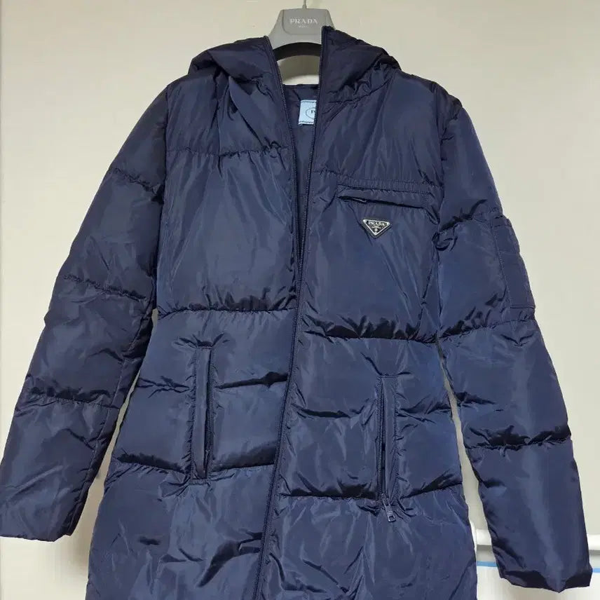 [BUNJANG] Prada Re-Nylon Navy Hooded Long Padded Jacket 44 / 프라다 리나일론 네이비 후드 롱 패딩 44
