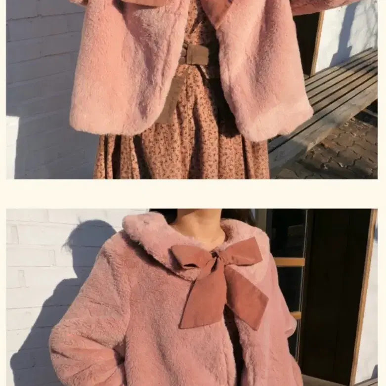 [BUNJANG] Robeneb Ribbon Fur Cape Jacket Pink / 로브네브 리본 퍼 케이프 자켓 핑크