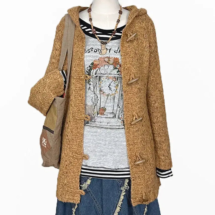 [BUNJANG] Vintage Tteokbokki Button Hooded Mohair Wool Long Cardigan / 일본빈티지 떡볶이단추 후드 모헤어울니트 롱가디건 머스터드 모리걸하구미룩