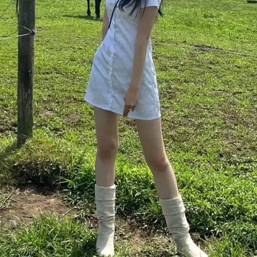 [BUNJANG] WSC Archive White Jacquard Shirt Mini Dress / [free/착샷O] WSC 아카이브 화이트 자카드 셔츠 반팔 미니 원피스