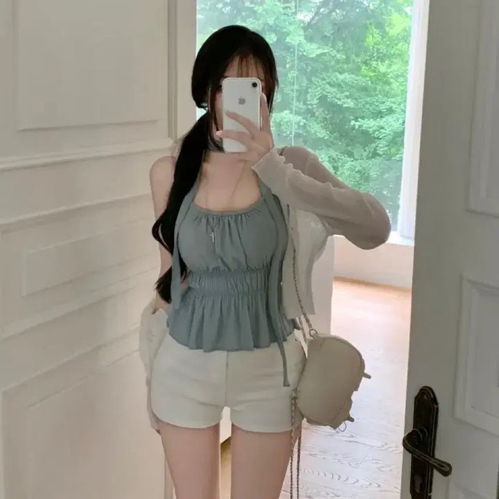 [BUNJANG] Ably Sleeveless Blouse & Summer Cardigan Set / 에이블리 민소매 나시 블라우스 + 라운드넥 썸머 가디건