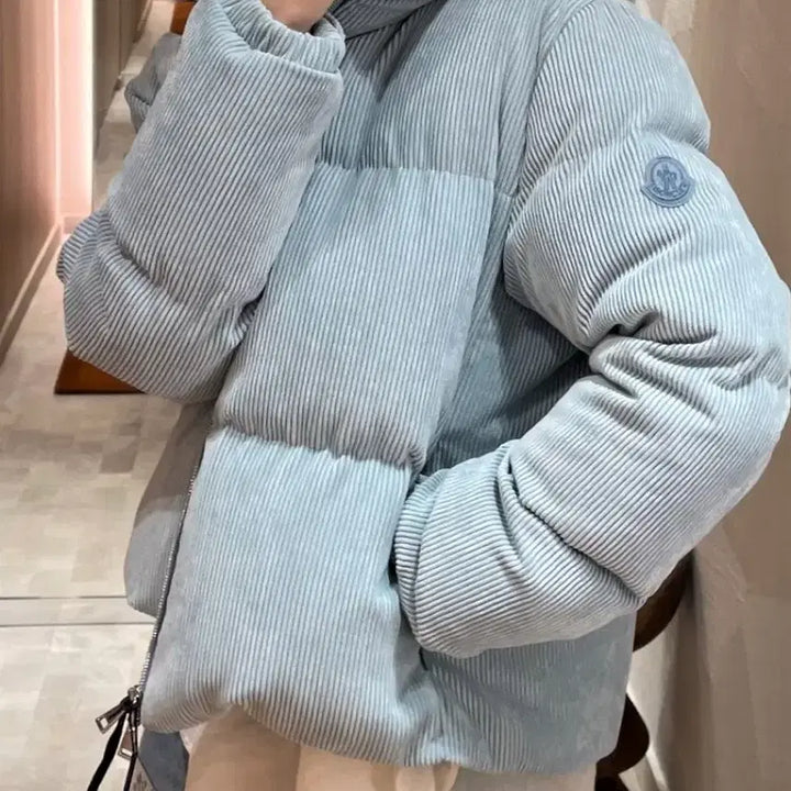 [BUNJANG] Moncler Corduroy Short Padded Jacket Light Blue / 몽클레어 코듀로이 숏패딩 라이트블루