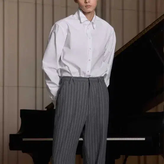 [BUNJANG] STU Striped Straight Wool Slacks / (S) STU 스트라이프 스트레이트 울 슬랙스 그레이