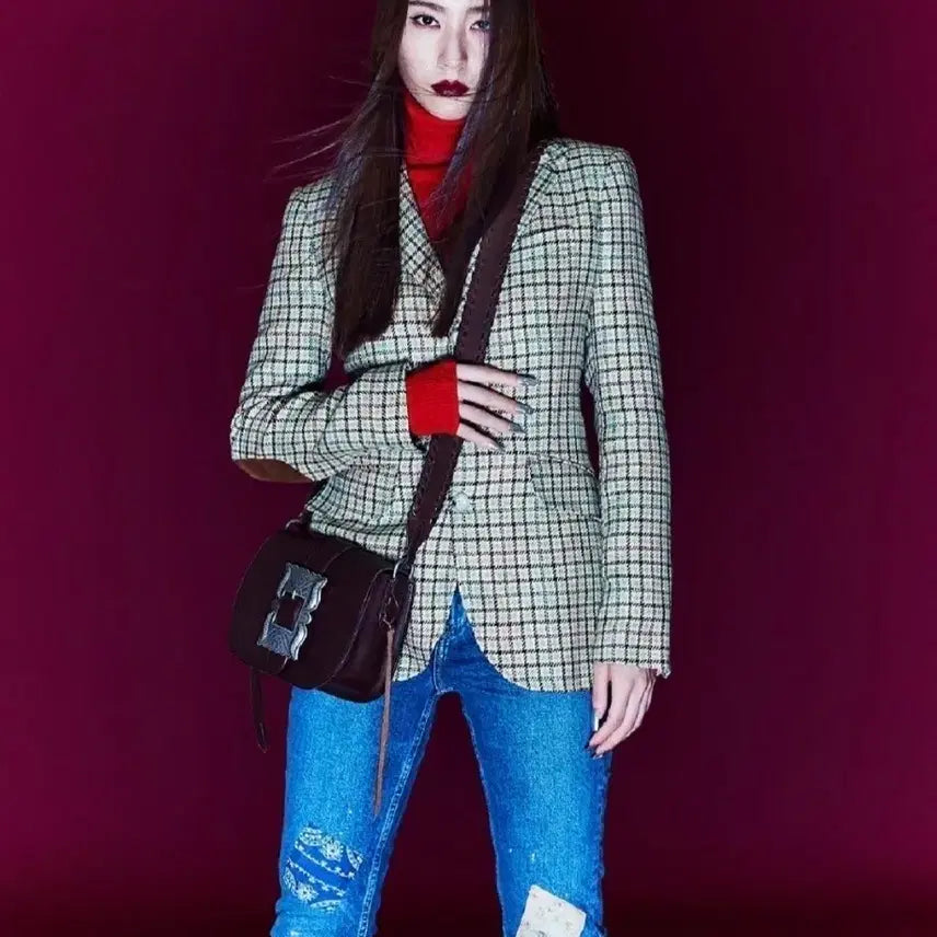 [BUNJANG] Polo Ralph Lauren Women's Suede Trim Houndstooth Linen Blazer / (크리스탈)폴로 랄프로렌 여성 스웨이드 트림하운드투스 블레이저 자켓 린넨