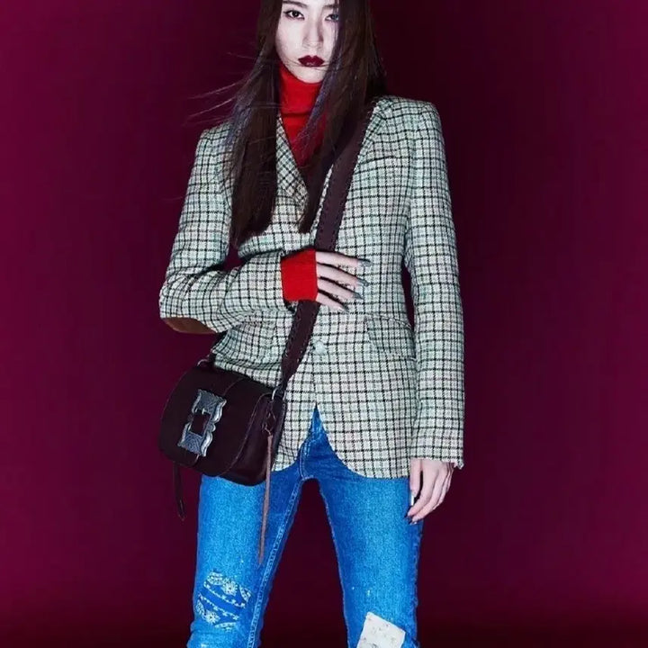 [BUNJANG] Polo Ralph Lauren Women's Suede Trim Houndstooth Linen Blazer / (크리스탈)폴로 랄프로렌 여성 스웨이드 트림하운드투스 블레이저 자켓 린넨