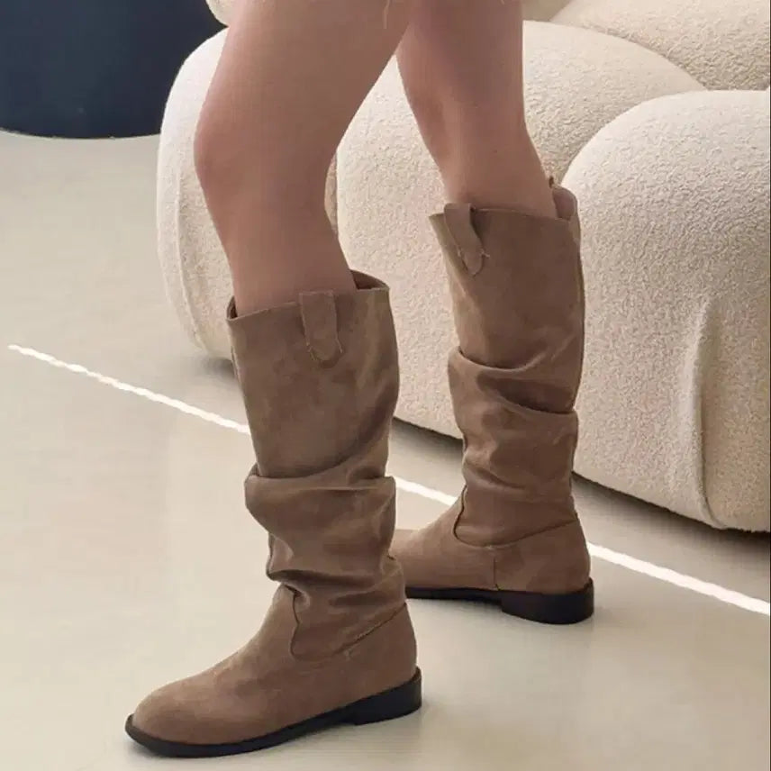 [BUNJANG] Flat Suede Western Long Boots / 플랫 스웨이드 웨스턴 롱부츠