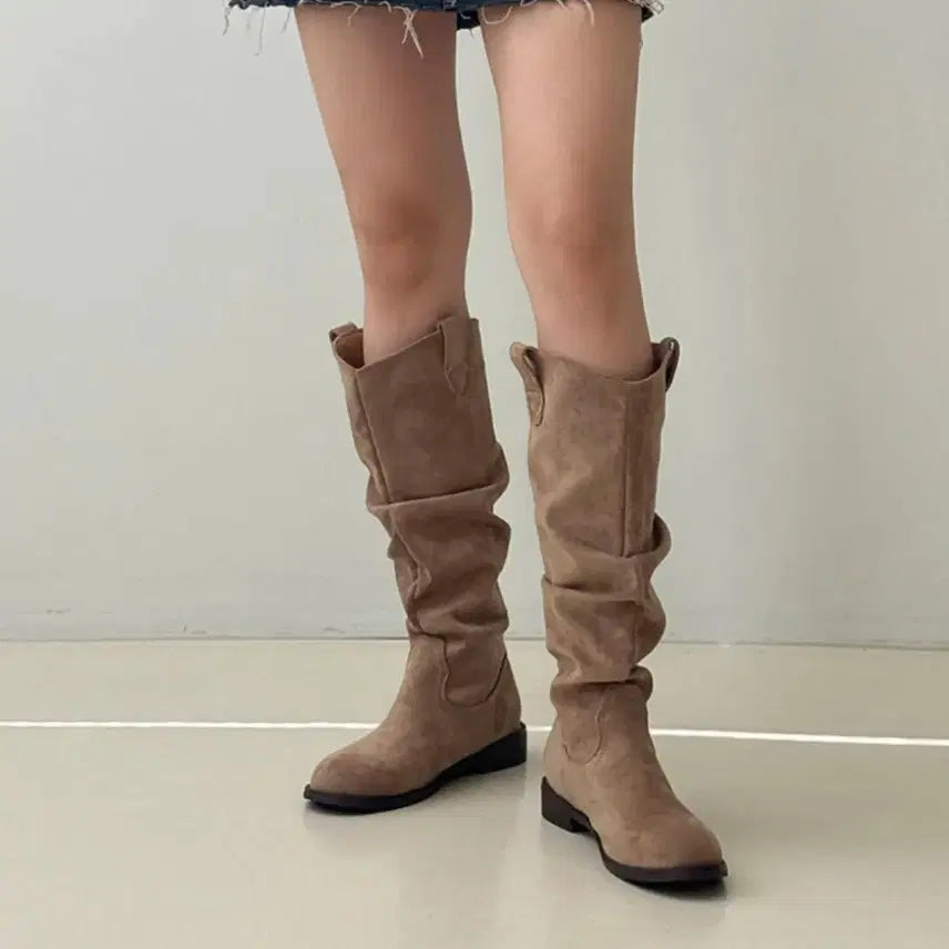 [BUNJANG] Flat Suede Western Long Boots / 플랫 스웨이드 웨스턴 롱부츠