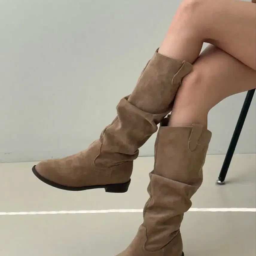[BUNJANG] Flat Suede Western Long Boots / 플랫 스웨이드 웨스턴 롱부츠