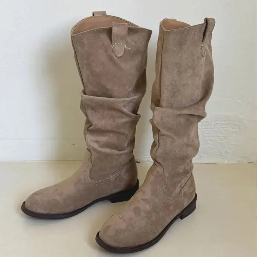 [BUNJANG] Flat Suede Western Long Boots / 플랫 스웨이드 웨스턴 롱부츠