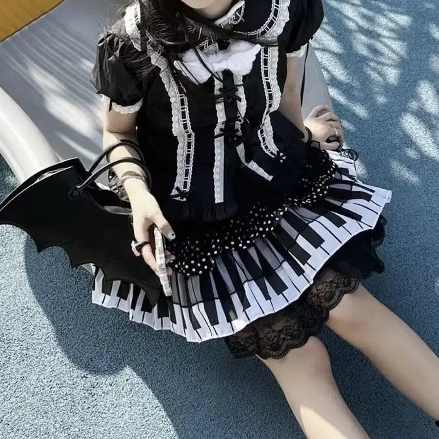 [BUNJANG] Subculture Dot Lace Skirt / 서브컬처 피아노 건반 도트 레이스 치마