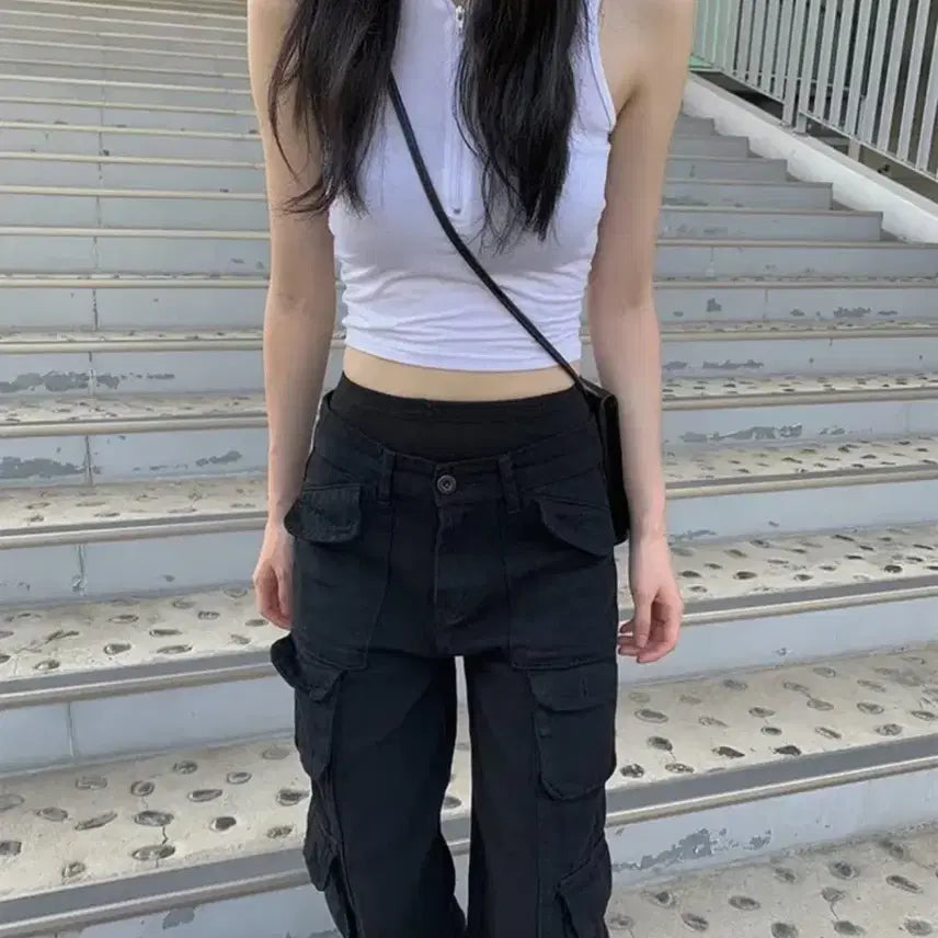 [BUNJANG] Black Cargo Wide Pants / 블랙 카고 와이드 팬츠