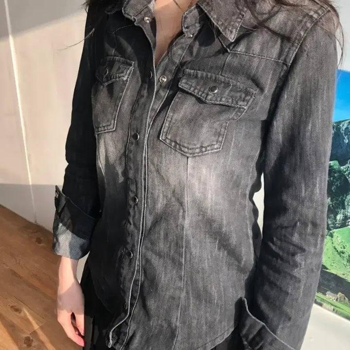 [BUNJANG] Arcoiris Bergen Slim Denim Button-Up Shirt / [1번 착용] 아르코이리스 베르겐 워싱 슬림 데님 카라 남방 셔츠